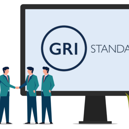 illustration of GRI standards displayed on screen with people shaking hands