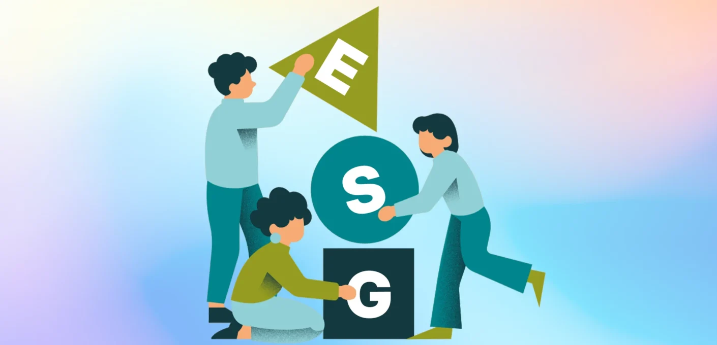 Graphic illustrating a group of people building using ESG blocks