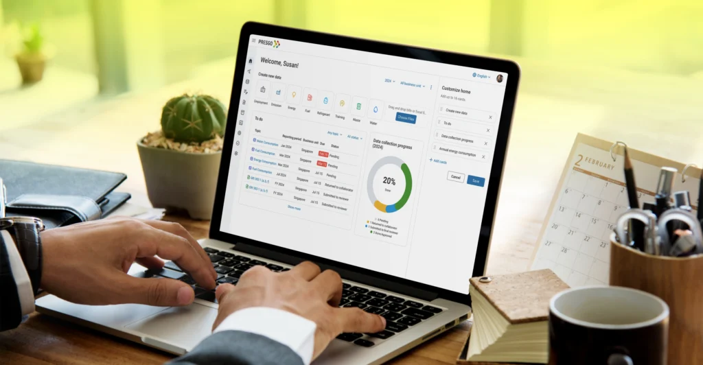 Person working on laptop with data shown from Presgo esg reporting dashboard