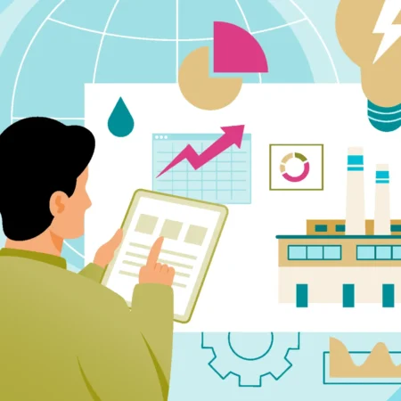 What is ESG in Manufacturing: Guide to Metrics & Best Practices with image showing manufacturing company elements such as water, energy, factories, and data charts
