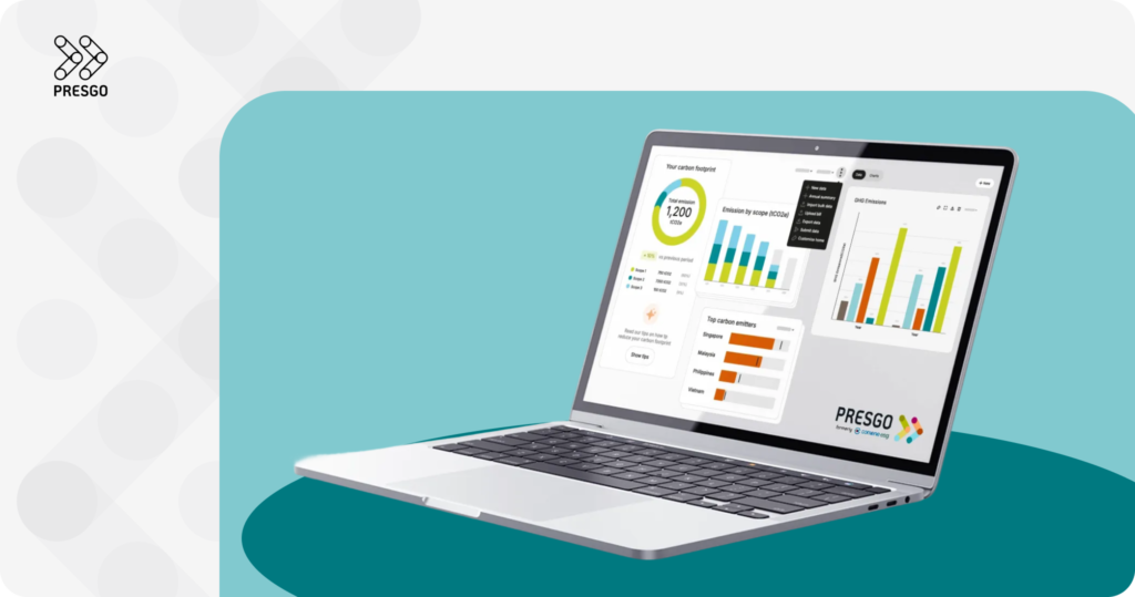 Image showing the Presgo logo with a laptop device displaying the Presgo ESG reporting software dashboard