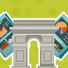 Image showing a French iconic building with two rectangular elements showing charts and checklists