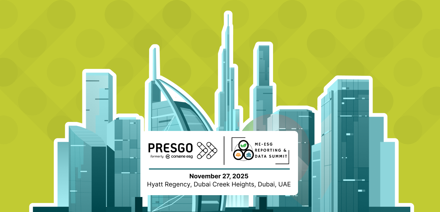 Illustrated banner of Dubai architecture with Presgo and the Middle East ESG Reporting & Data Summit's logos at the front.