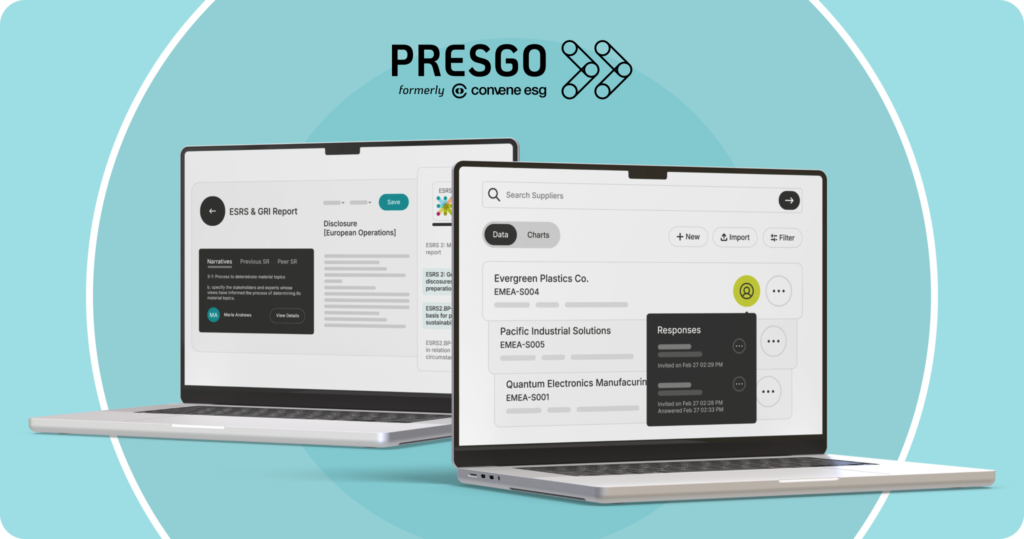 Two laptops side by side displaying screenshots of the Presgo platform in action.