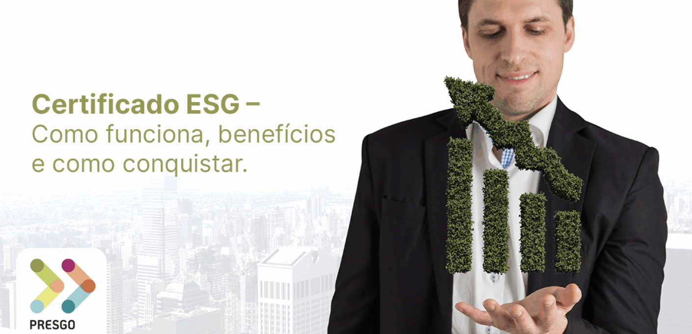 Certificado ESG representado por executivo analisando gráfico de crescimento sustentável ligado a práticas de governança corporativa