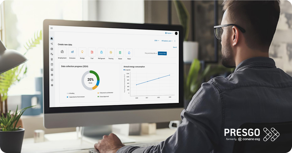 Image of a man looking at a desktop monitor showing the Presgo platform.