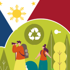 Graphic showing two tourists exploring the environment, with the Philippines flag in the background.