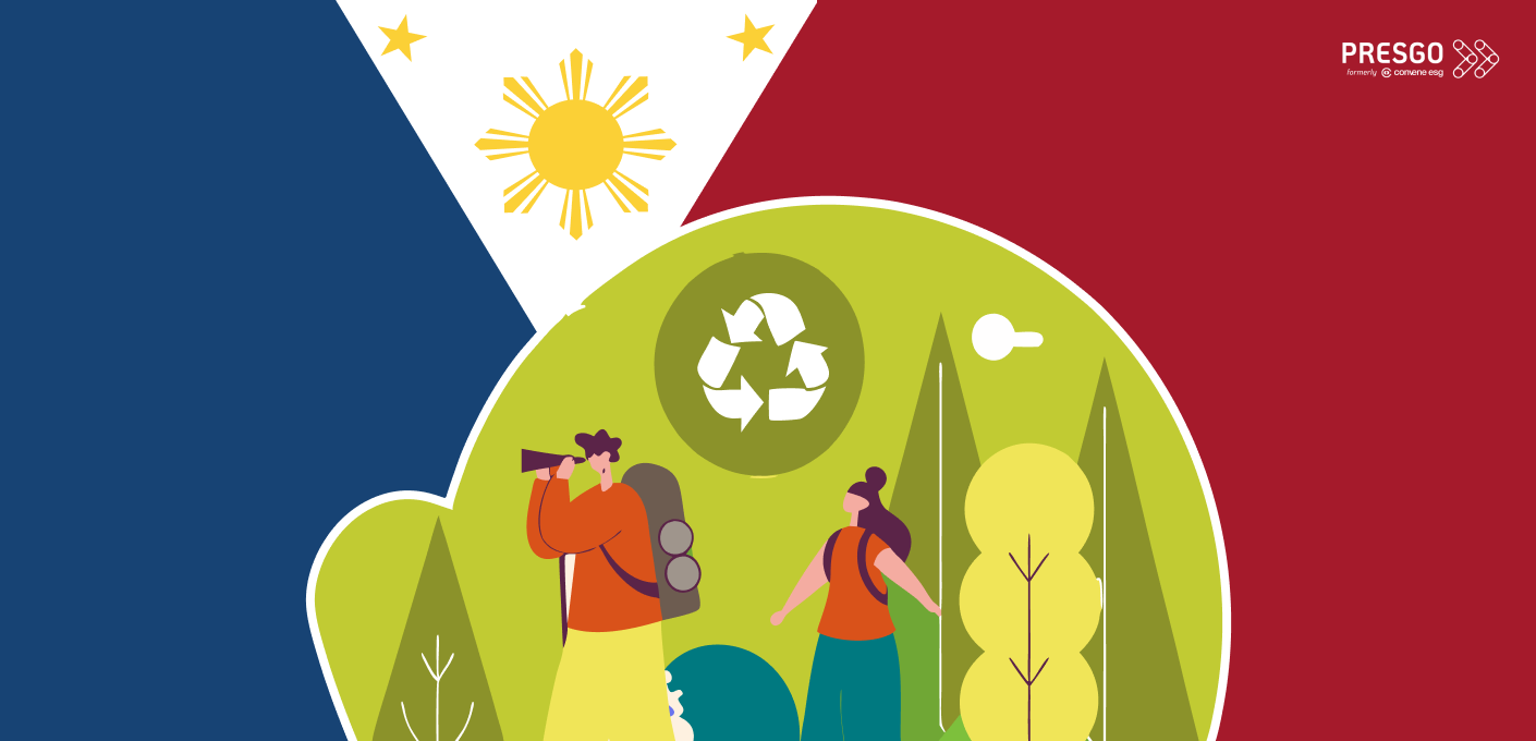 Graphic showing two tourists exploring the environment, with the Philippines flag in the background.