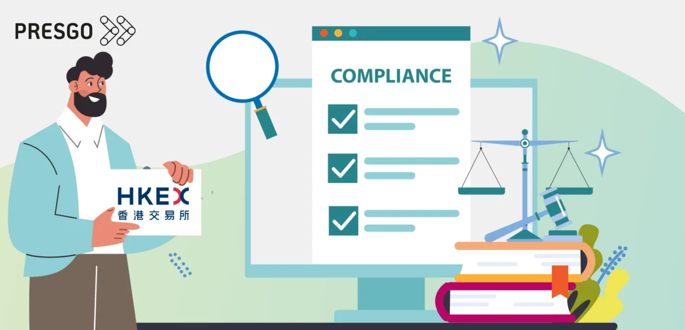 banner image for the Hong Kong ESG Reporting Guide: From HKEX Rules to Compliance Tools article that shows a person holding a sign with an HKEX written on it and then images of a magnifying glass, a pop up window that says compliance, a board, a weighing scale, a gavel, book, and then the Presgo logo.