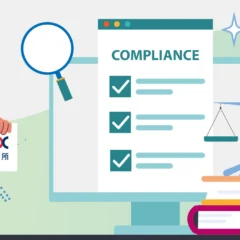 banner image for the Hong Kong ESG Reporting Guide: From HKEX Rules to Compliance Tools article that shows a person holding a sign with an HKEX written on it and then images of a magnifying glass, a pop up window that says compliance, a board, a weighing scale, a gavel, book, and then the Presgo logo.