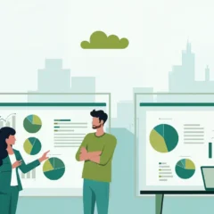 banner image for the ESG Reporting Requirements in the UK: 2026 Guide to Standards & Tools article, showing the Presgo logo and three people discussing and working in front of a laptop, and two boards, that display green pie charts and graphs, in front of building silhouettes of the United Kingdom, including the Big Ben or the Elizabeth Tower