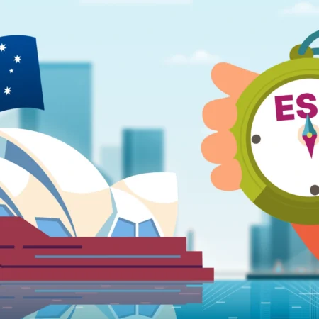 banner image for A Guide to Mandatory ESG Reporting in Australia article that shows the Sydney Opera House, the Australian flag, and a hand that is holding a timer with ESG written on it