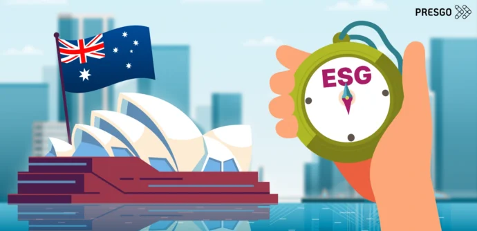 banner image for A Guide to Mandatory ESG Reporting in Australia article that shows the Sydney Opera House, the Australian flag, and a hand that is holding a timer with ESG written on it