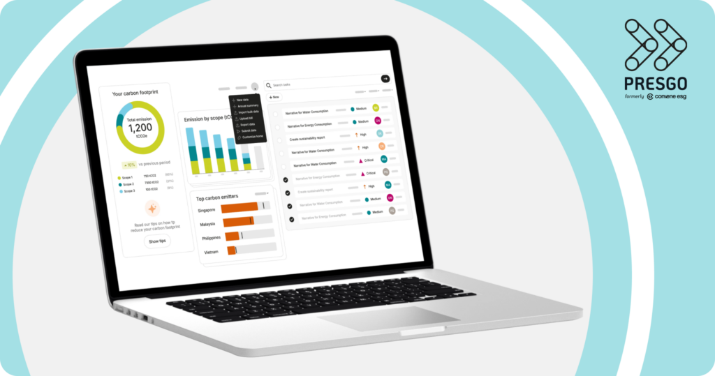 image for the Build Credibility Through Transparent ESG Reporting with Presgo section, showing a laptop device that is displaying the Presgo software platform
