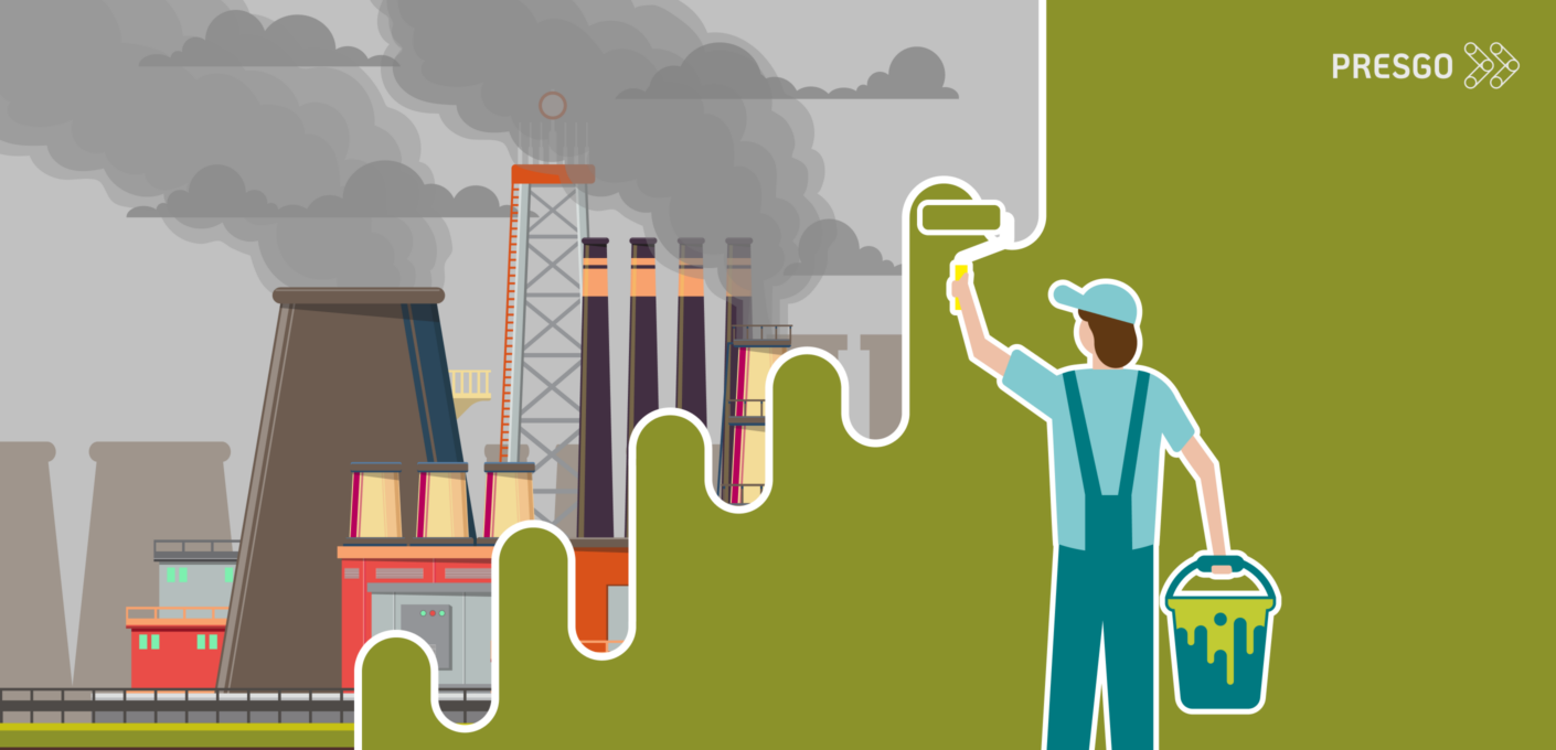 banner image for Why Is Greenwashing a Growing Risk in the UK and How to Prevent It article, showing the Presgo logo and a person painting the factories and manufacturing buildings with green paint