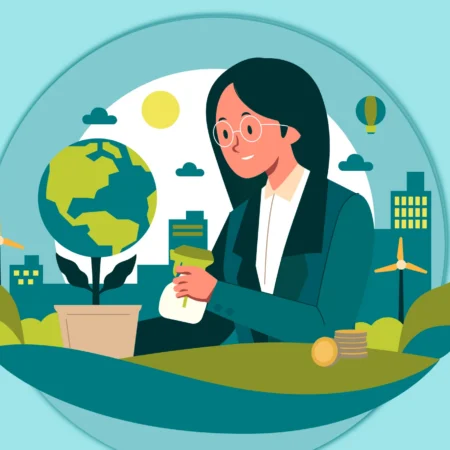 Banner image for How to Engage Employees for ESG Goals article, showing a woman figure with a sprinkler and surrounded by environmental and structural elements
