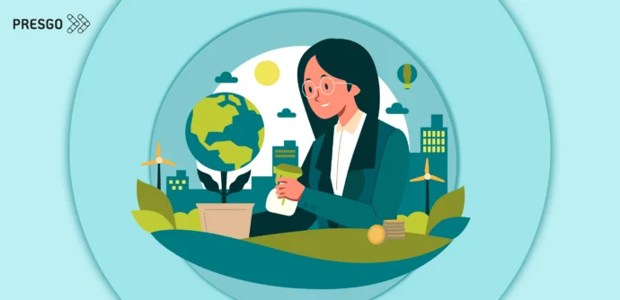 Banner image for How to Engage Employees for ESG Goals article, showing a woman figure with a sprinkler and surrounded by environmental and structural elements