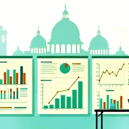 banner image for the ESG Reporting in the Italian Manufacturing Sector: Sustainability and Operational Efficiency article, showing the Presgo logo and buildings behind three boards with line and bar graphs and pie charts