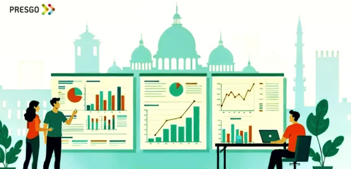 banner image for the ESG Reporting in the Italian Manufacturing Sector: Sustainability and Operational Efficiency article, showing the Presgo logo and buildings behind three boards with line and bar graphs and pie charts