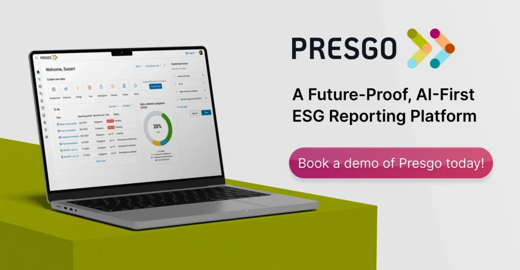 image for Turn Australia’s Mandatory ESG Reporting into a Business Advantage with Presgo, showing the Presgo logo and a laptop with the Presgo platform on display