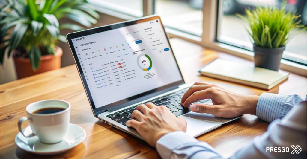 image for the Close the ESG Readiness Gap in Singapore with Presgo section that shows the hands of a person working by the window and this person's laptop that displays the Presgo software platform