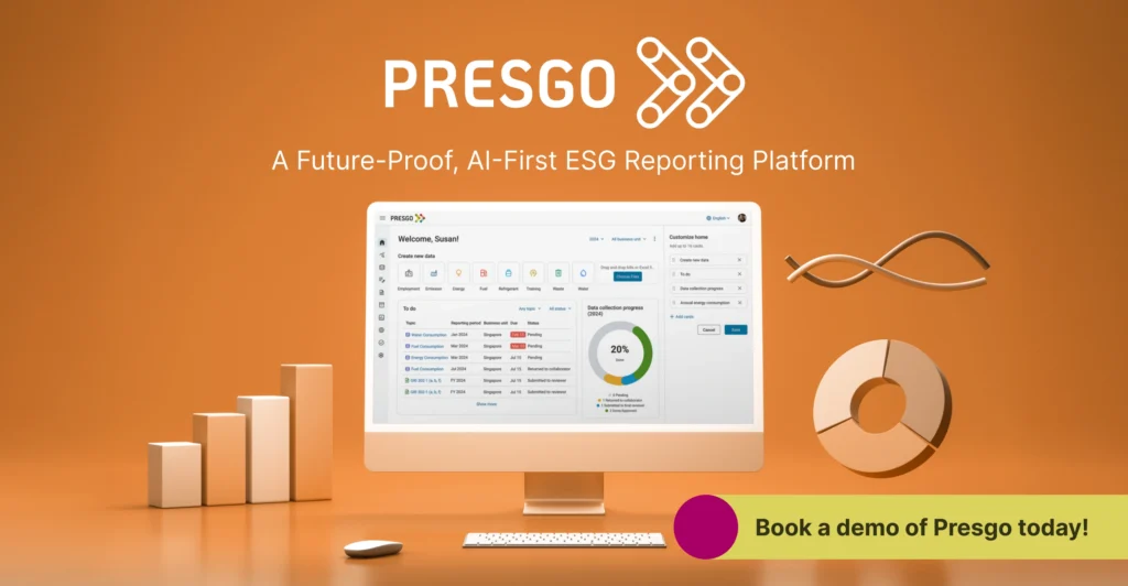 image for the Manage Your Emissions Reporting and Performance with Presgo section, showing the Presgo logo on top of a computer monitor, displaying the Presgo software platform