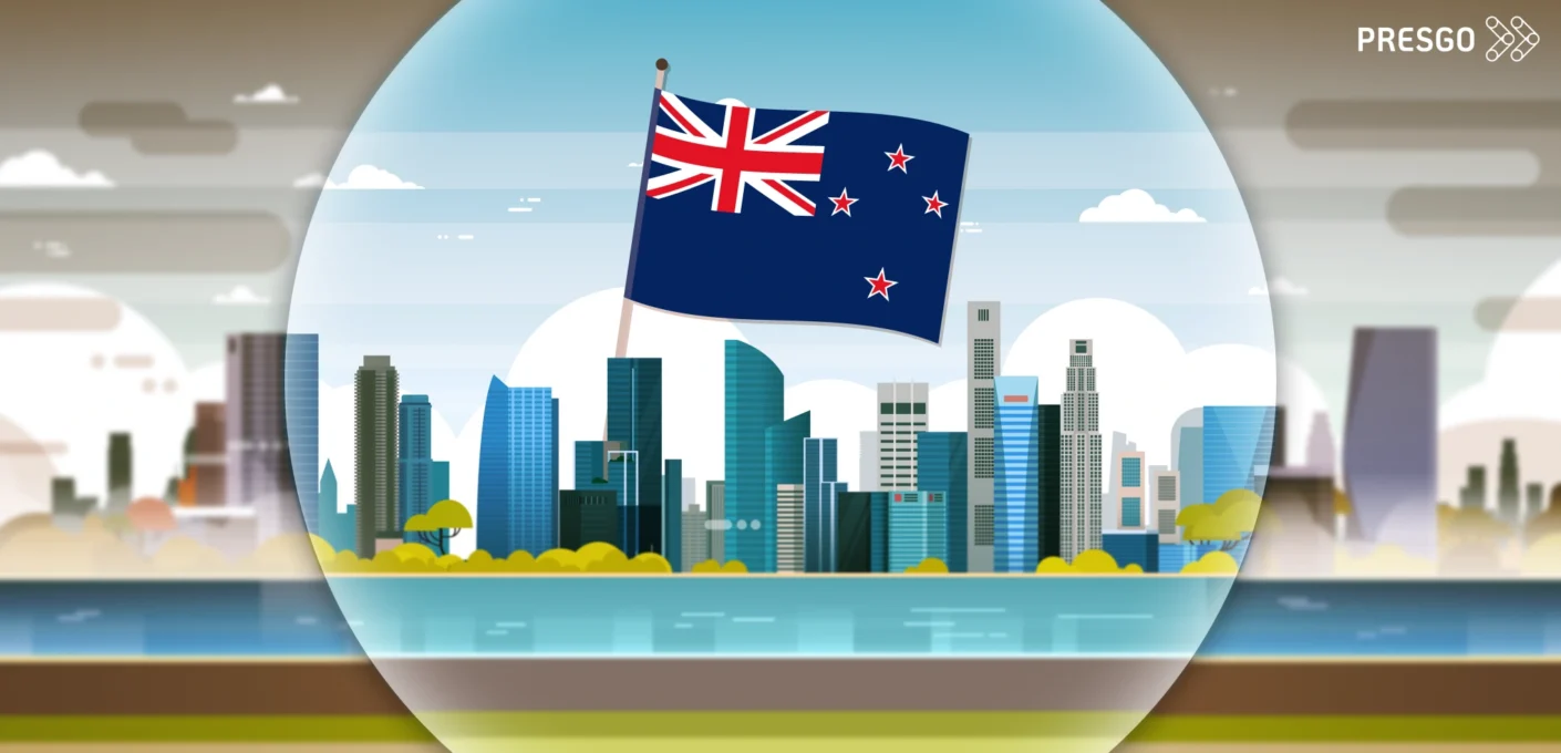 banner image for the What is New Zealand's Emissions Reduction Plan (ERP) for Net Zero? article, showing the Presgo logo and the New Zealand flag and skyscrapers highlighted and focused inside a circle