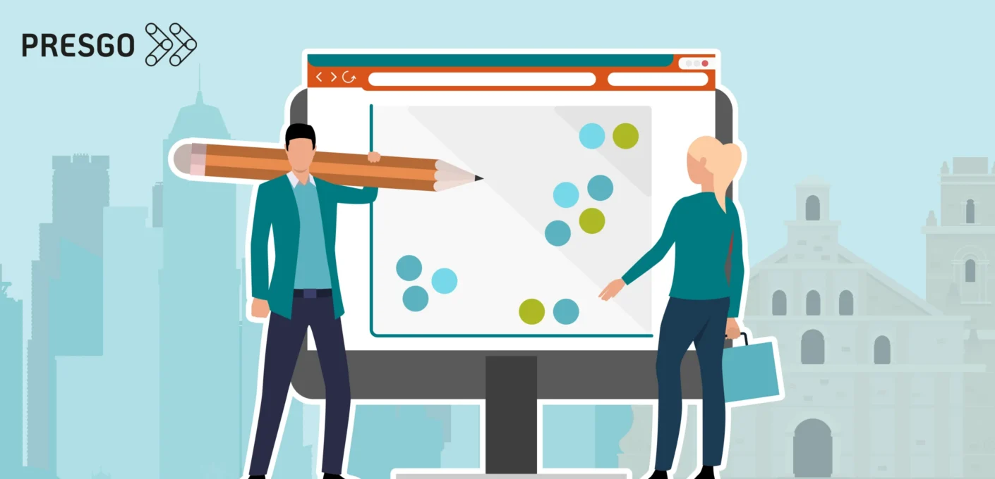 banner image for What Successful ESG Materiality Assessments Look Like in Philippine Companies showing Philippine church element in the background and then two persons in front that are discussing in front of a materiality assessment materiality matrix and then a Presgo logo