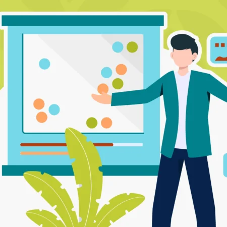 Graphic showing a man presenting in front of a materiality matrix.