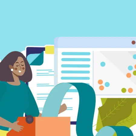 Graphic showing a woman typing with a materiality matrix in the background.