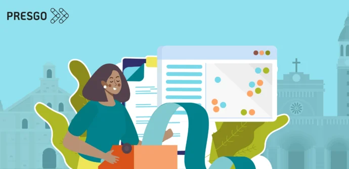 Graphic showing a woman typing with a materiality matrix in the background.