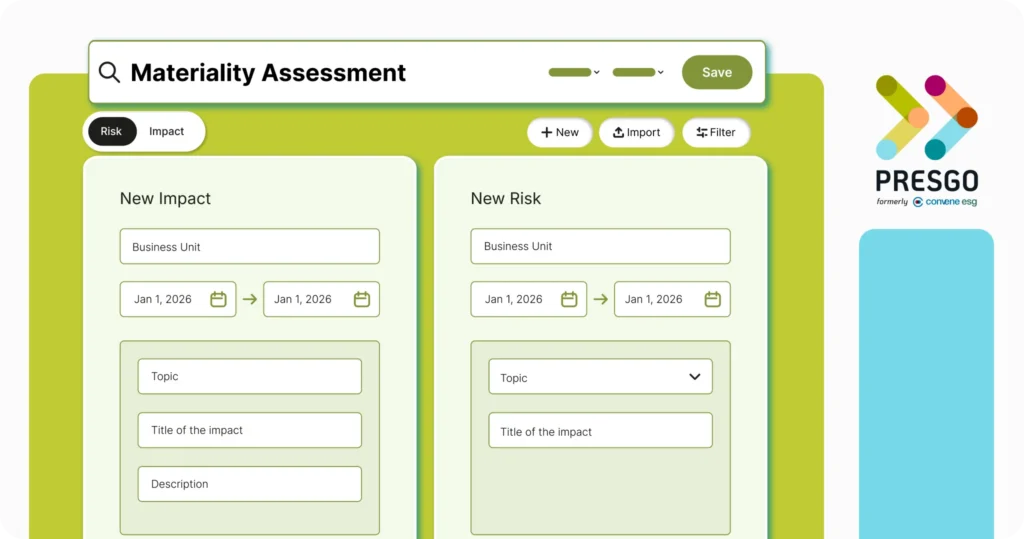 image for Start Your Materiality Assessment for Effective ESG Strategy in the Philippines with Presgo  section showing the Presgo materiality assessment template feature with tabs and windows for new impact and new risk