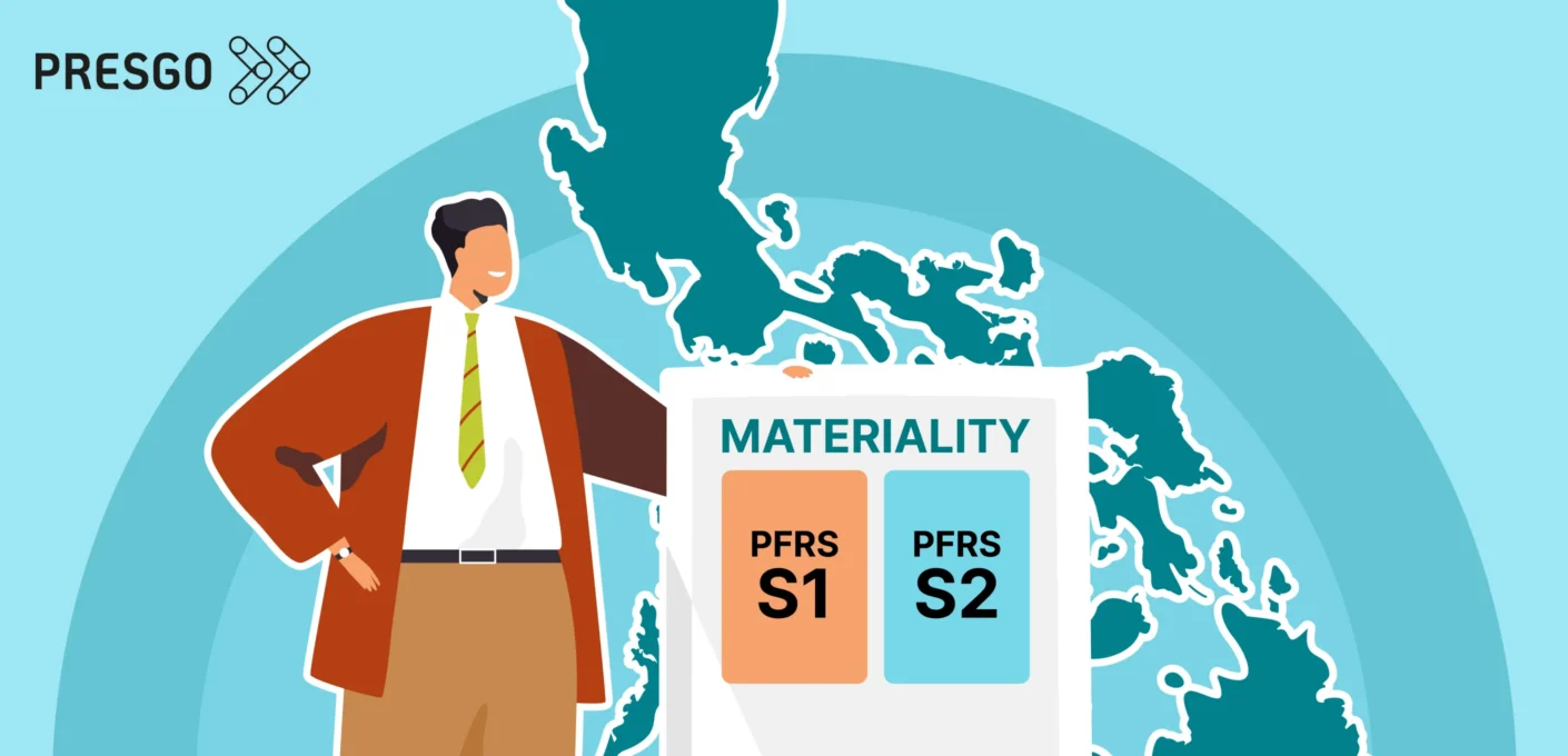 Why Start with Materiality Assessments in ESG: A Guide for Philippine Companies article cover image showing the Philippine map behind a person holding a materiality board with PFRS S1 and PFRS S2 cards