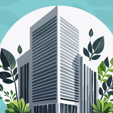 Ilustração conceitual de um edifício corporativo cercado por folhas verdes e o logotipo da Presgo, representando a gestão estruturada de indicadores para combater o greenwashing.