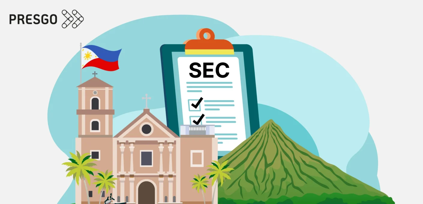 banner image for the A Guide to SEC Sustainability Reporting for Philippine PLCs and LNLs article, showing the Presgo logo, an SEC chart board, and Philippine elements, including the Philippine flag, church, and mountain