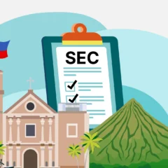 banner image for the A Guide to SEC Sustainability Reporting for Philippine PLCs and LNLs article, showing the Presgo logo, an SEC chart board, and Philippine elements, including the Philippine flag, church, and mountain