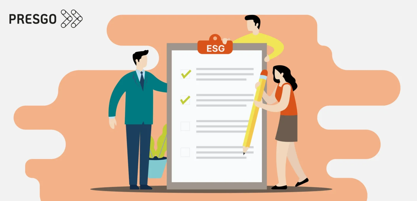 Illustration showing a group of people standing around an ESG checklist