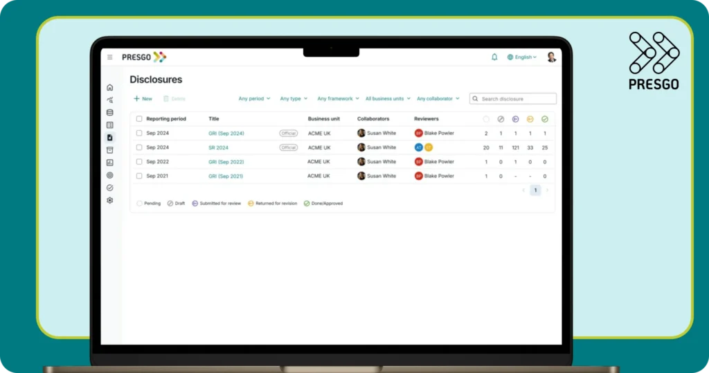 Laptop screen displaying Presgo's Disclosure Hub feature in action