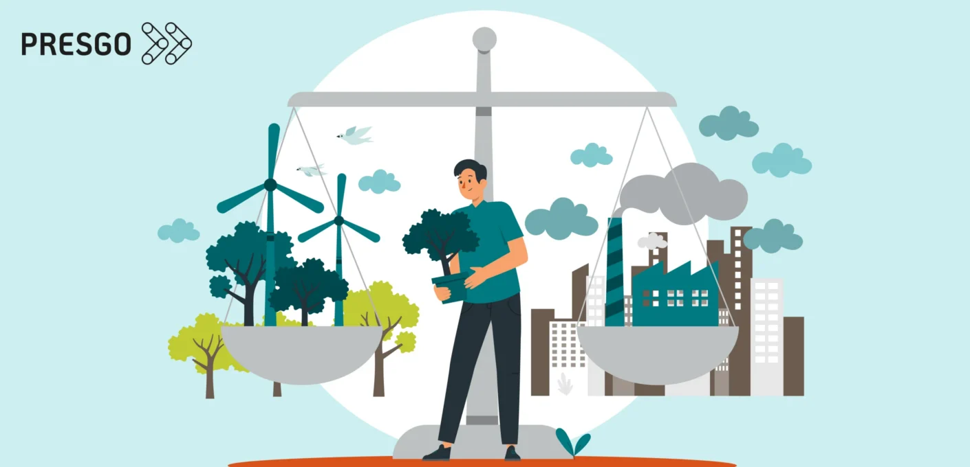 Illustration of a man balancing a giant scale between windmills in greenery and factory emissions.