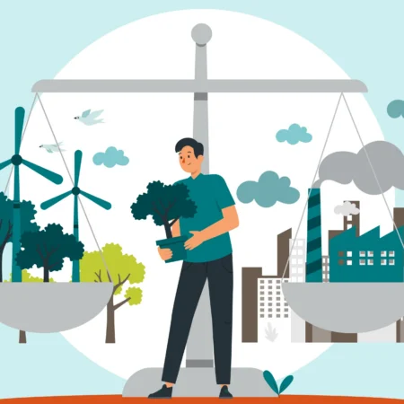 Illustration of a man balancing a giant scale between windmills in greenery and factory emissions.