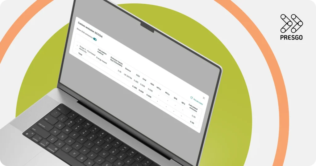 image for Driving Climate Action and Accurate Reporting with Presgo section under the Climate Change Stakeholders: Roles & Impact in ESG article showing a laptop device with the Presgo reporting software and the Presgo logo