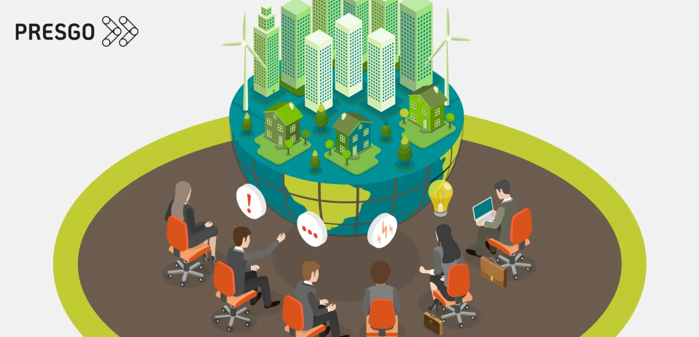 banner image for the Climate Change Stakeholders: Roles & Impact in ESG article, showing a half globe with skyscrapers, windmills, and houses. the center globe object is surrounded by corporate people or professionals that are sitting down and look like they are discussing and looking at the globe center