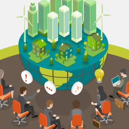 banner image for the Climate Change Stakeholders: Roles & Impact in ESG article, showing a half globe with skyscrapers, windmills, and houses. the center globe object is surrounded by corporate people or professionals that are sitting down and look like they are discussing and looking at the globe center