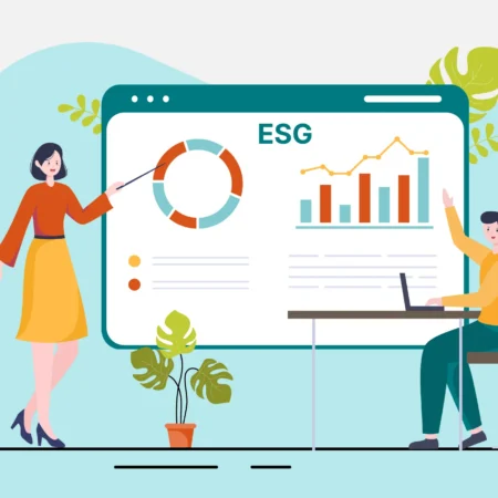 Illustration depicting a man and woman pointing at ESG metrics.