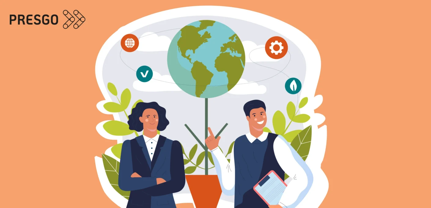 banner image for the Exploring the Link Between Corporate Governance and Sustainability article, showing the Presgo logo and two persons in front of leaves, plants, and the earth