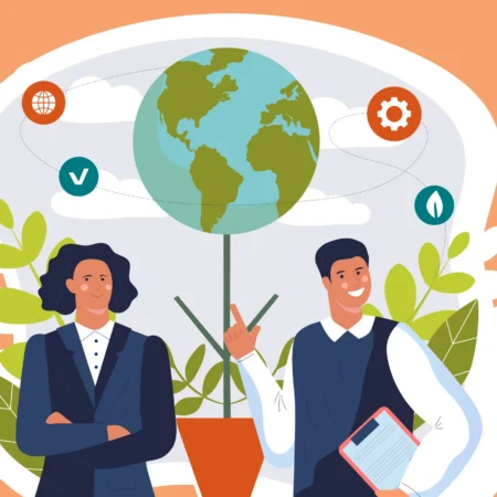 banner image for the Exploring the Link Between Corporate Governance and Sustainability article, showing the Presgo logo and two persons in front of leaves, plants, and the earth