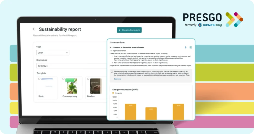 A laptop screen showing Presgo's ESG reporting and disclosure features.
