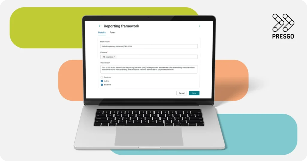 image for the Latest on ESG Singapore: Mandatory Climate Reporting in 2026 article's Future-Proof Your ESG Reporting with Presgo section, showing the Presgo logo and a laptop device with the Presgo software application on display