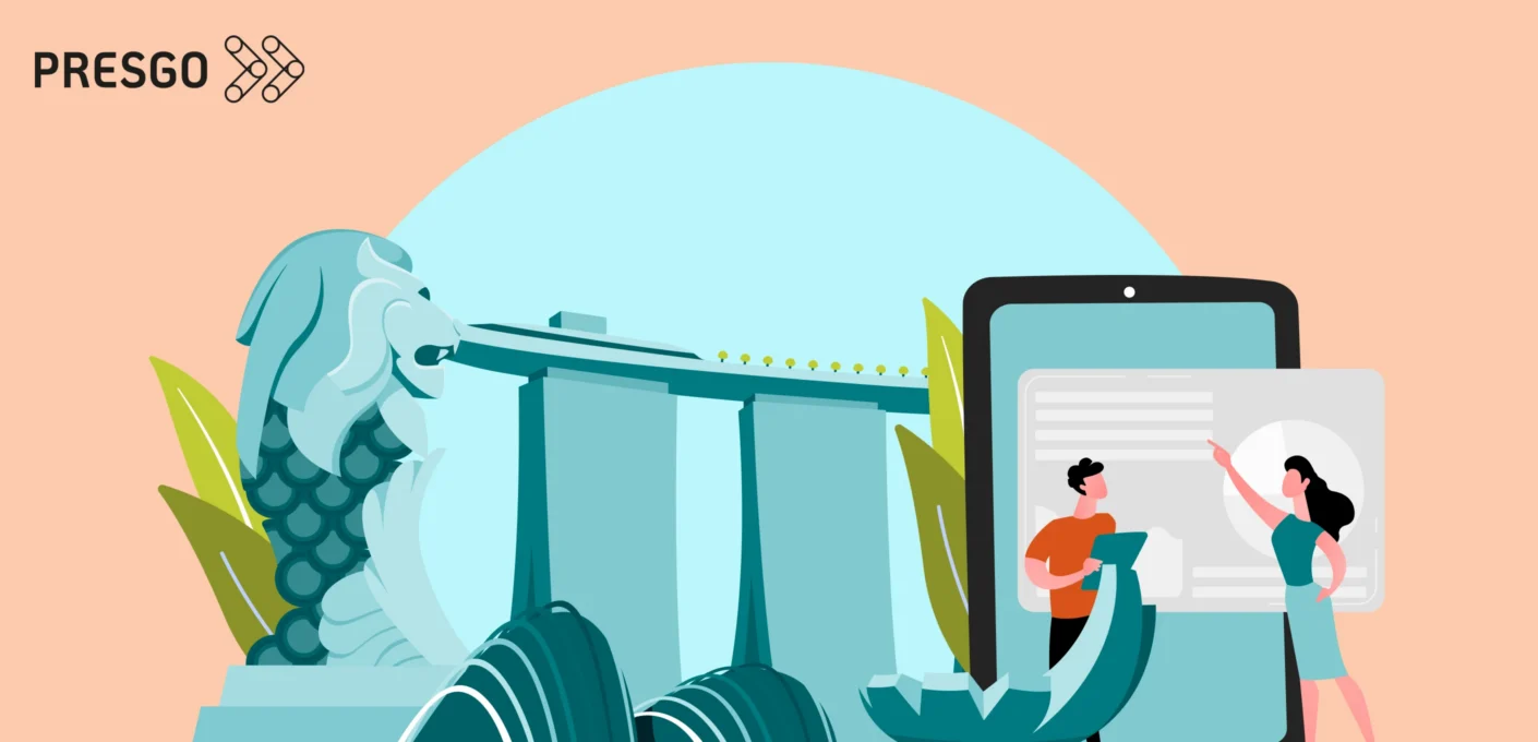 banner image for the Latest on ESG Singapore: Mandatory Climate Reporting in 2026 article, showing the Presgo logo,  Singapore structures, such as the Merlion and the Marina Bay Sands, and images of a tablet and two persons