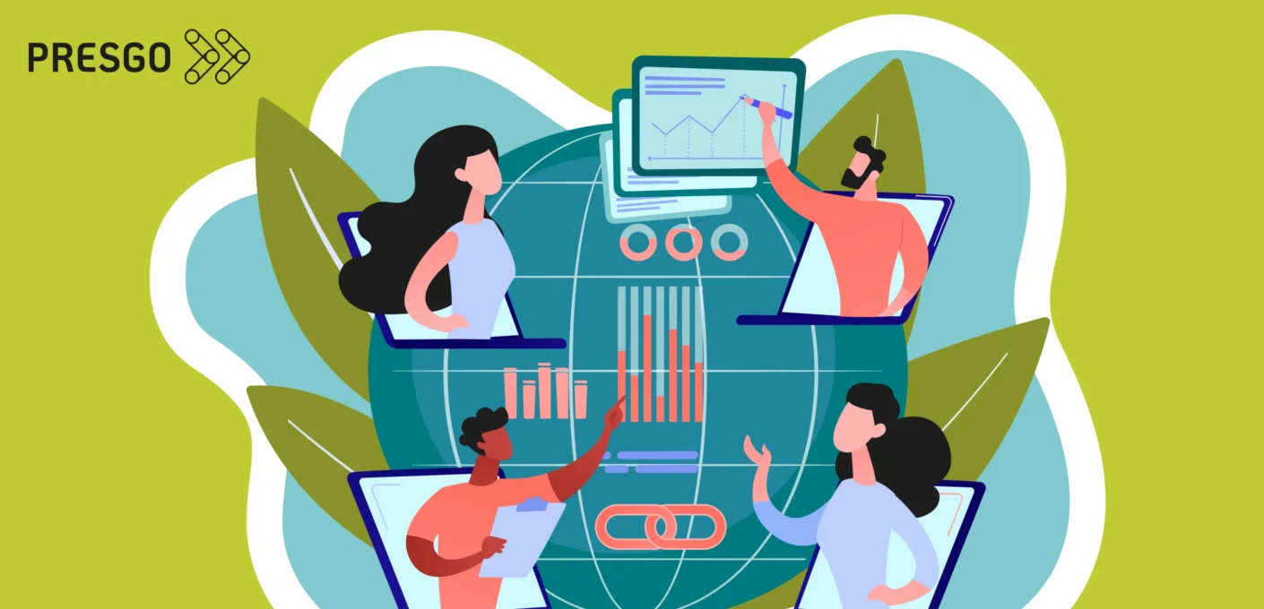 Illustration of four people working on digital charts over a globe